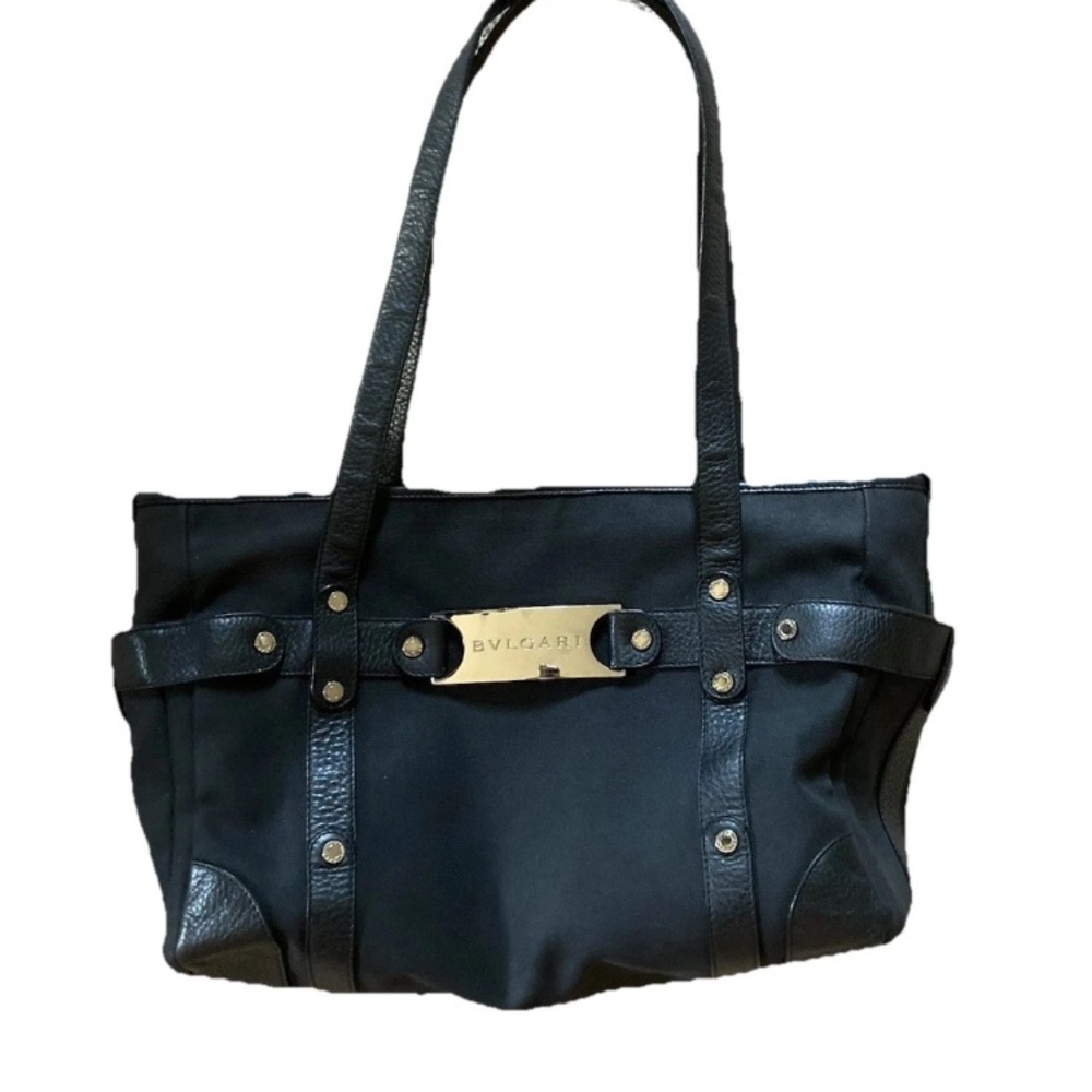 Bvlgari black canvas and leather tote bag